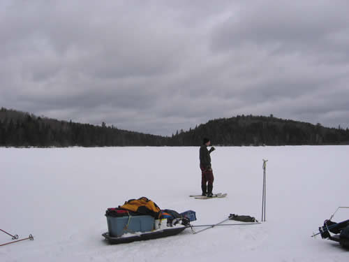 Surveying Head Lake for a winter site.