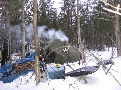 Hot tent setup with stove going.