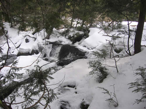 Snow covered small waterfall.