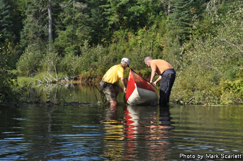 John and I navigate a beaver dam.