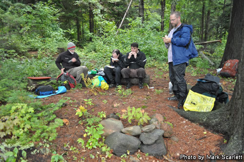 The famished crew digging into lunch.