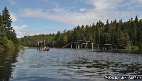 John and I paddle past the old lumber road bridge.