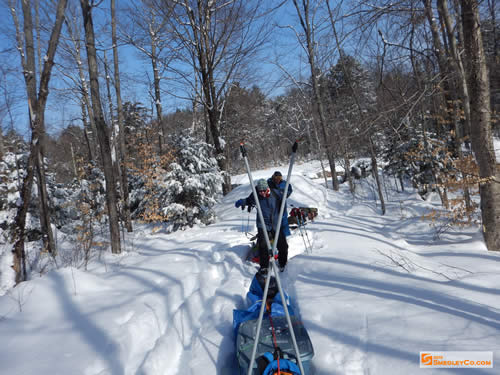 Starting down the snowy Pinetree Lake portage.