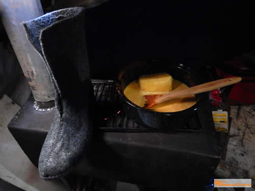 Eggs and a bootliner warming on the wood stove.