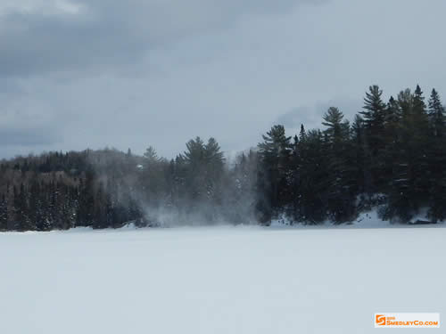 The brisk wind whipped up snow devils on the pond.