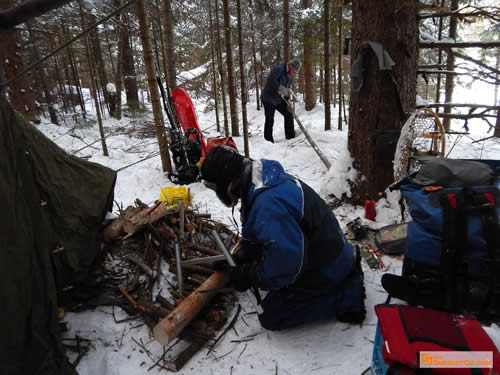 Winter camp setup along Pinetree Lake.